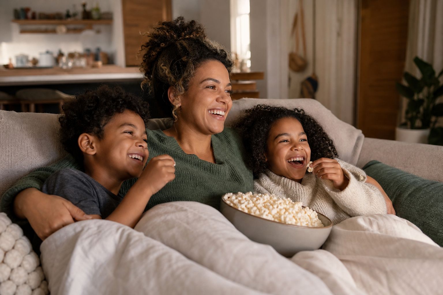 A family piled together on the couch for movie night, sharing a big bowl of popcorn and laughing